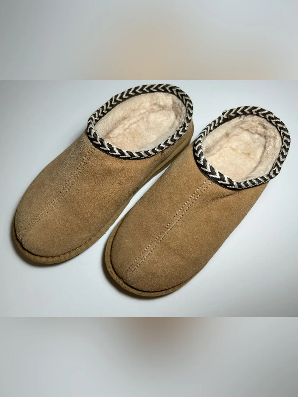 BearPaw Tan Suede Faux-Shearling Slip-On Slippers with Black & White Trim